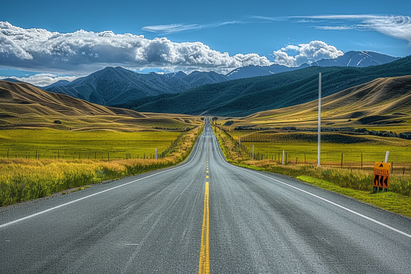 高原草地公路高山白云摄影图