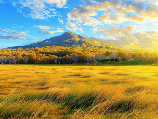 秋日朝霞云雾山林田野摄影图