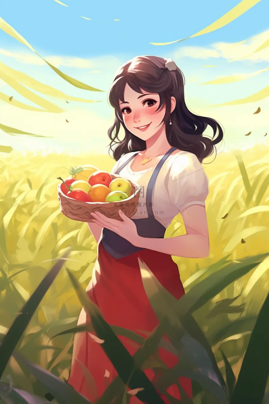 秋天少女抱着成熟的瓜果在菜园里卡通插画素材