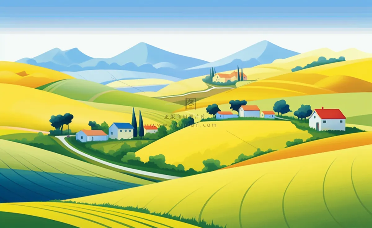 乡村村庄美丽风景河流插画农田插画背景