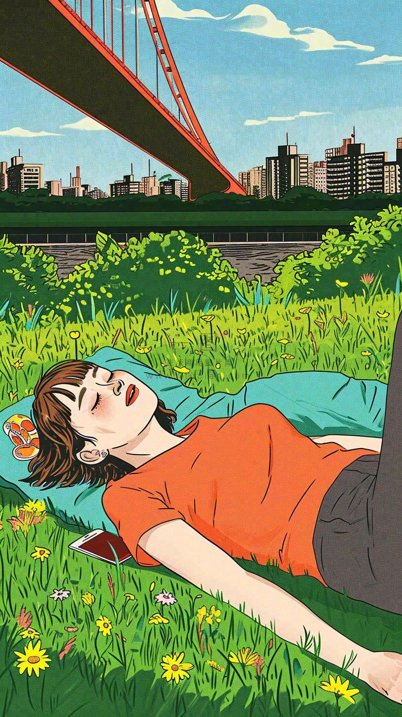 城市阳光蓝天白云人物在草地风景手绘插画,休闲