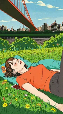 城市阳光蓝天白云人物在草地风景手绘插画,休闲 城市阳光蓝天白云人物在草地风景手绘插画,休闲