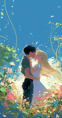 蓝天白云下情侣拥抱亲吻爱情，鲜花小草，情清新人节