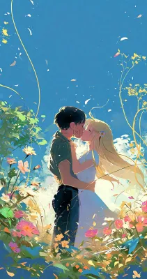 蓝天白云下情侣拥抱亲吻爱情,鲜花小草,情清新人节 蓝天白云下情侣拥抱亲吻爱情,鲜花小草,情清新人节