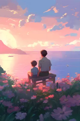 长辈父亲和孩子坐着看落日晚霞浪漫背景