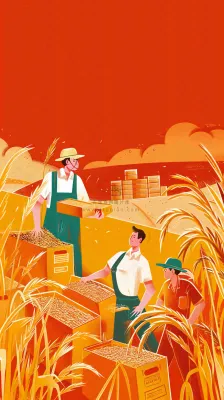 红色插画土地收成粮食农民辛勤劳作劳动节卡通插画背景