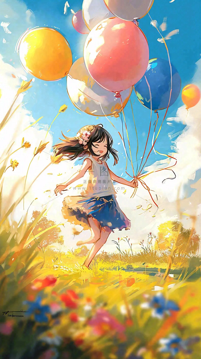 一个可爱的小女孩手里牵着彩色气球在草地上奔跑夏天,儿童节