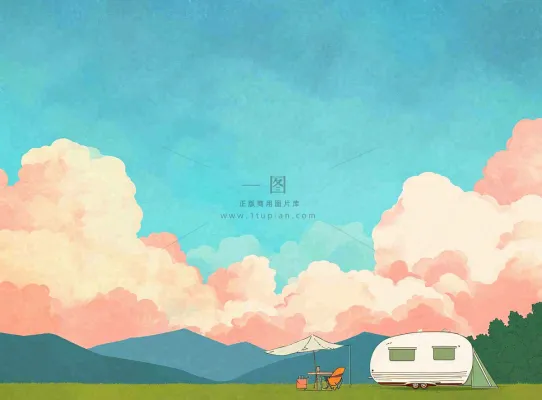 春天夏日清新草坪房车旅行露营玩耍手绘插画