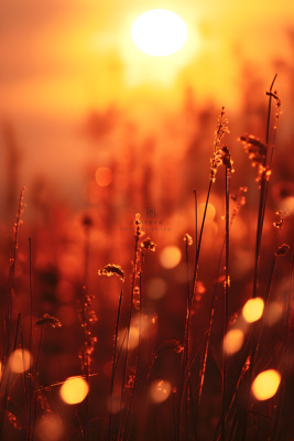 落日枝叶露珠意境晚霞背景