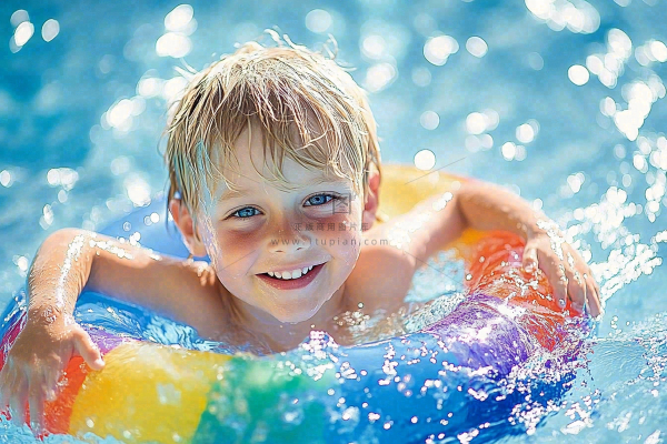 在游泳池玩水的儿童男孩游泳圈摄影图