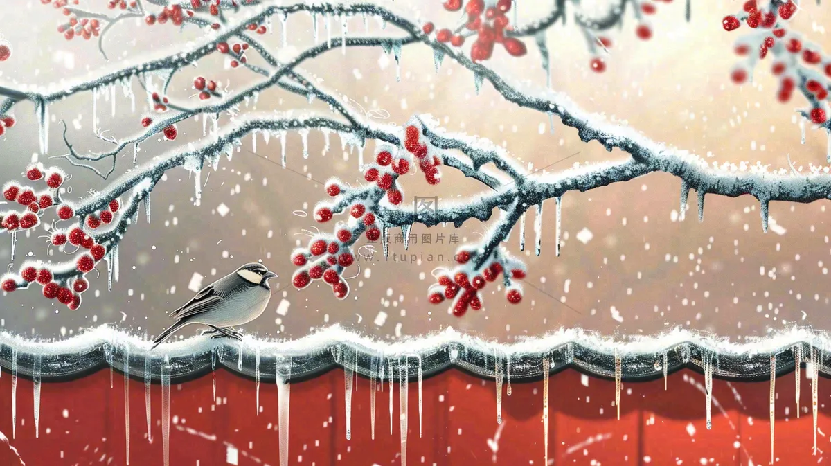 冬季大雪纷飞红色宫墙梅花枝条的小鸟国风插画立冬冬至大雪背景