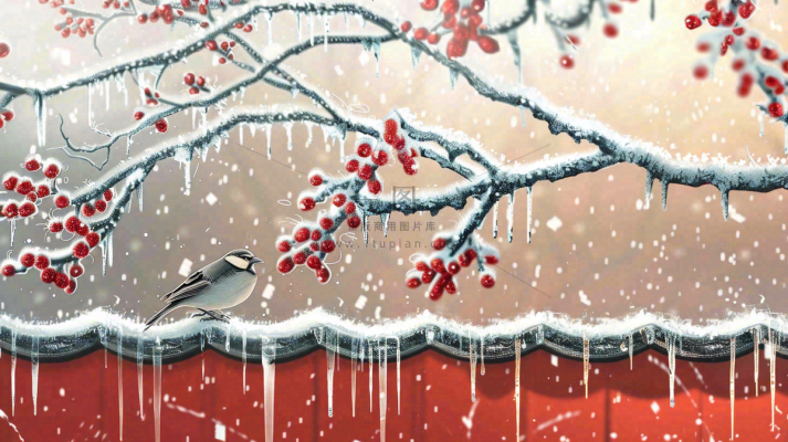 冬季大雪纷飞红色宫墙梅花枝条的小鸟国风插画立冬冬至大雪背景  冬季大雪纷飞红色宫墙梅花枝条的小鸟国风插画立冬冬至大雪背景