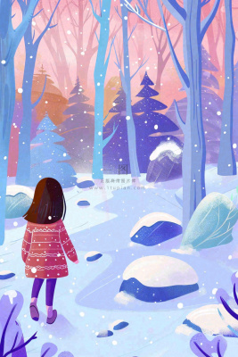 冬天女孩走进白雪下的森林紫色冬至大雪卡通插画背景