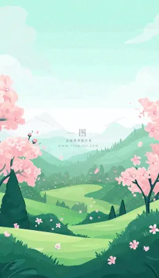 春天卡通手绘绿色的山景和开满粉红色画的树，春游，踏青，春分