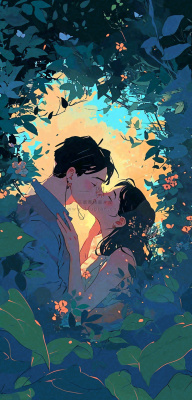 森林花丛里情侣拥抱亲吻爱情手绘插画，情人节