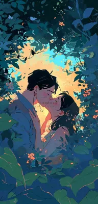 森林花丛里情侣拥抱亲吻爱情手绘插画，情人节