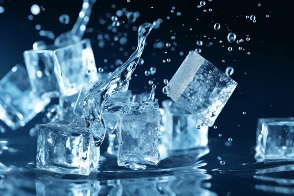 冰块掉落在水面上溅起水珠摄影图