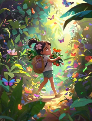 夏天户外森林丛林冒险的青少年背包旅行探险卡通插画背景