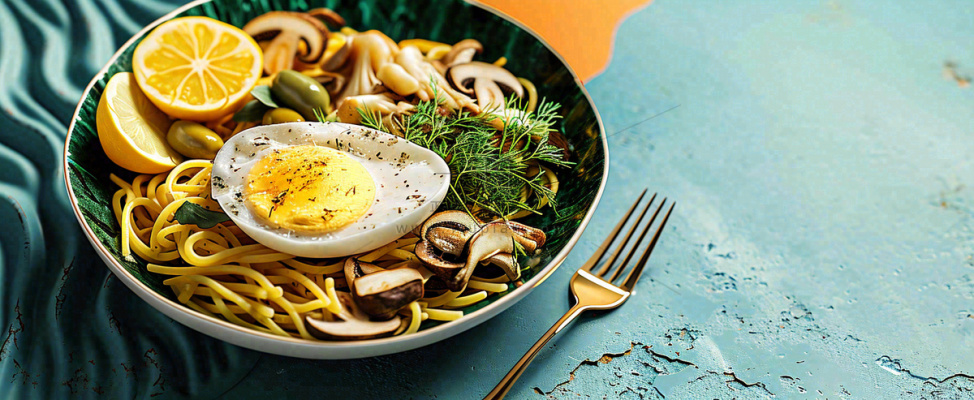 美食方便面鸡蛋意面西餐简餐摄影图