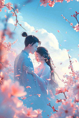 爱情情侣拥抱情人节浪漫粉色花朵，蓝天白云