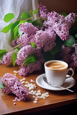 紫粉色鲜花书桌咖啡杯下午茶摄影图 