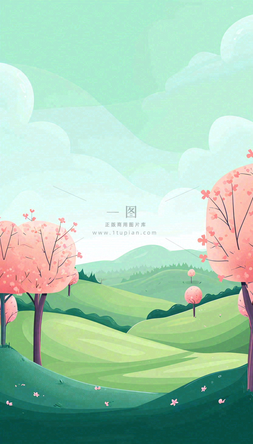 春天卡通手绘绿色的山景和开满粉红色画的树,春游,踏青,春分