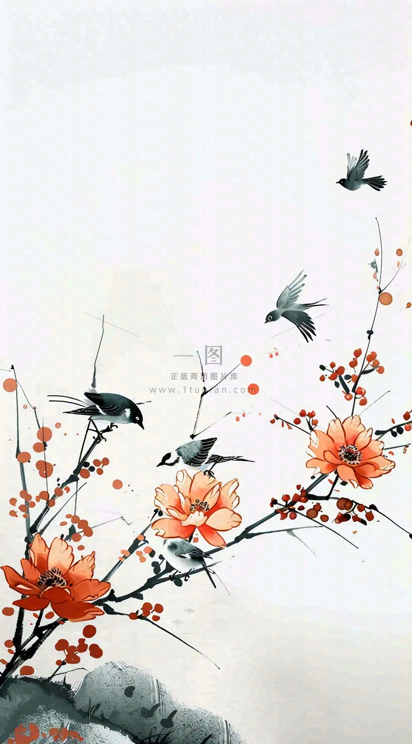 秋天凄冷树枝鸟儿花国风插画立秋白露寒露秋分背景