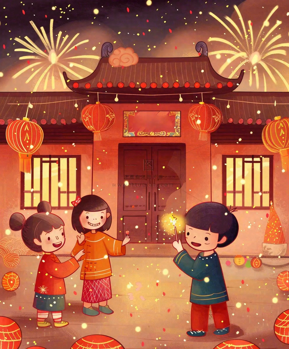 新年热闹儿童在家门口放烟花春节喜庆庆祝春节小年除夕夜元宵节卡通插画背景