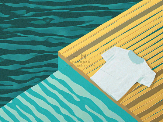 海边清爽扁平条纹插画手绘，海浪夏日