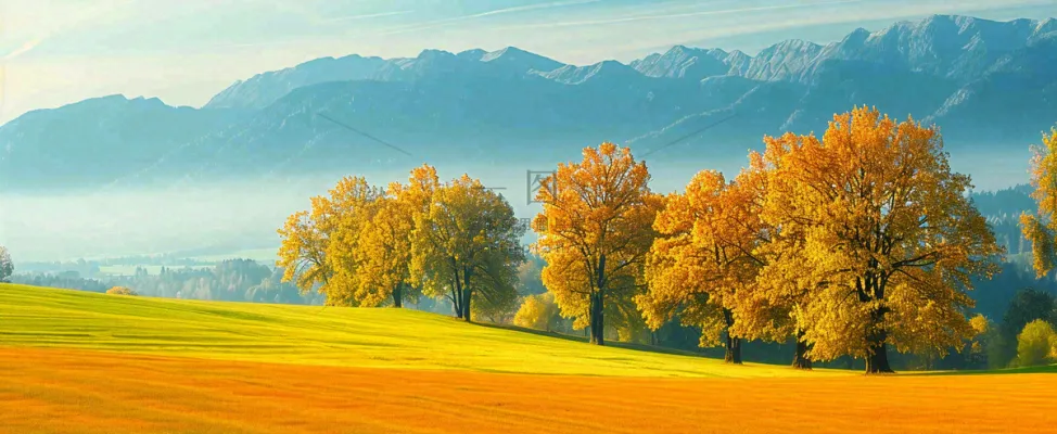 秋天山脉秋叶树木，秋分摄影图