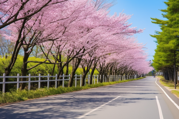 春天道路两侧樱花树风景摄影图