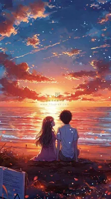 海边落日情人节情侣温馨爱情拥抱手绘插画