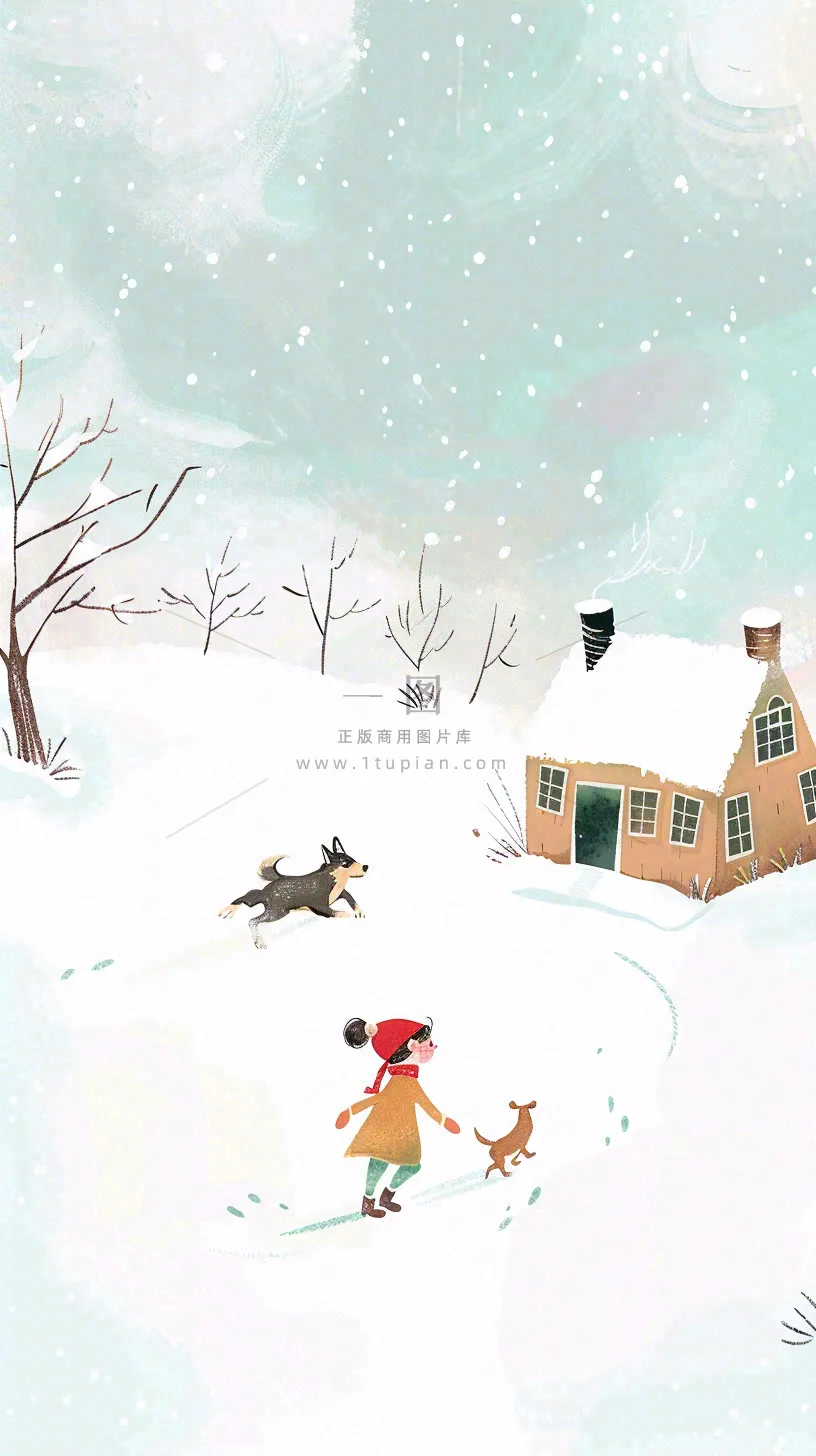 冬天雪山白雪地木屋女孩牵着狗游玩可爱卡通插画立冬大雪小雪背景