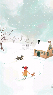 冬天雪山白雪地木屋女孩牵着狗游玩可爱卡通插画立冬大雪小雪背景