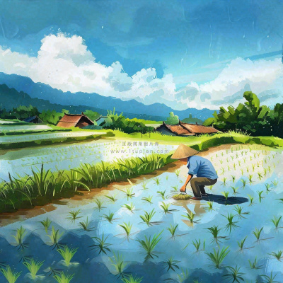 水彩手绘谷雨农夫插秧小满芒种蓝色清新背景插画