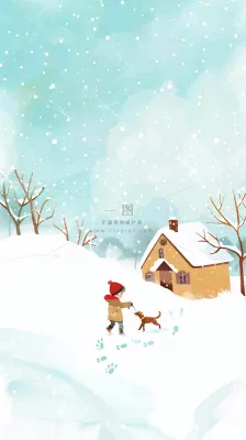 冬天雪山白雪地木屋女孩牵着狗游玩可爱卡通插画立冬大雪小雪背景