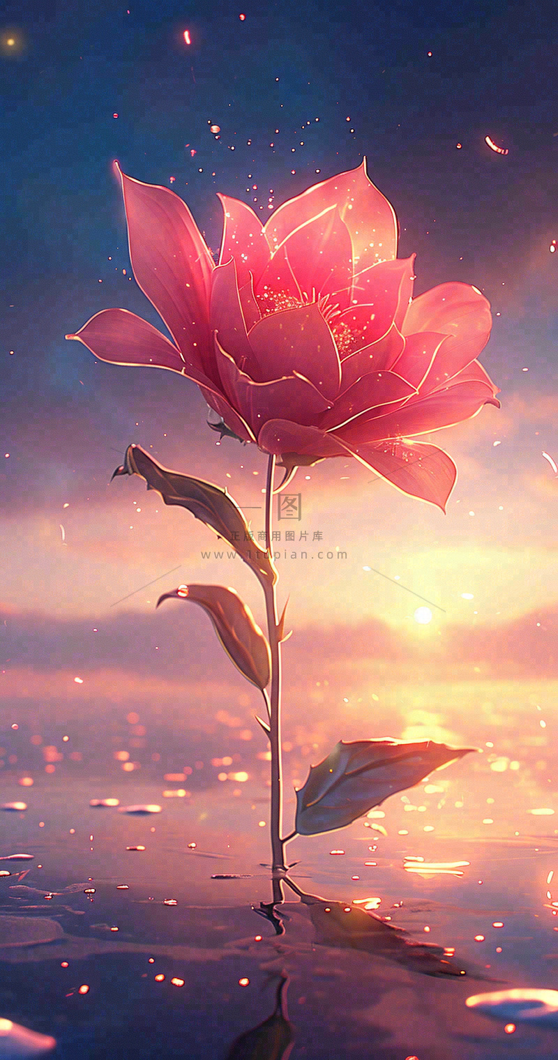 海平面上渐变落日前的一支粉色玫瑰花鲜花花朵,鲜艳爱情