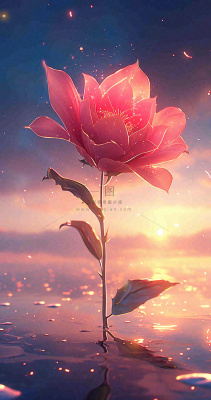 海平面上渐变落日前的一支粉色玫瑰花鲜花花朵，鲜艳爱情