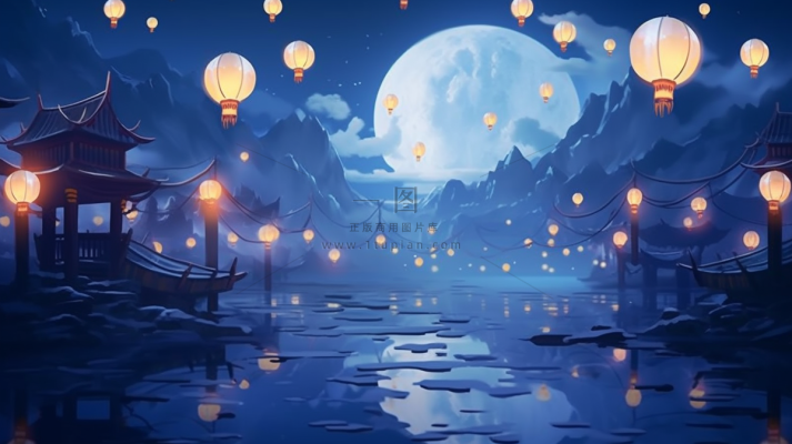 节日灯笼祈福夜晚天水一色蓝色卡通插画插图背景