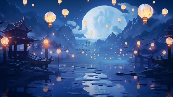 节日灯笼祈福夜晚天水一色蓝色卡通插画插图背景