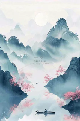 中国风水墨山水画梅花遍地开船春天春分清明插画背景