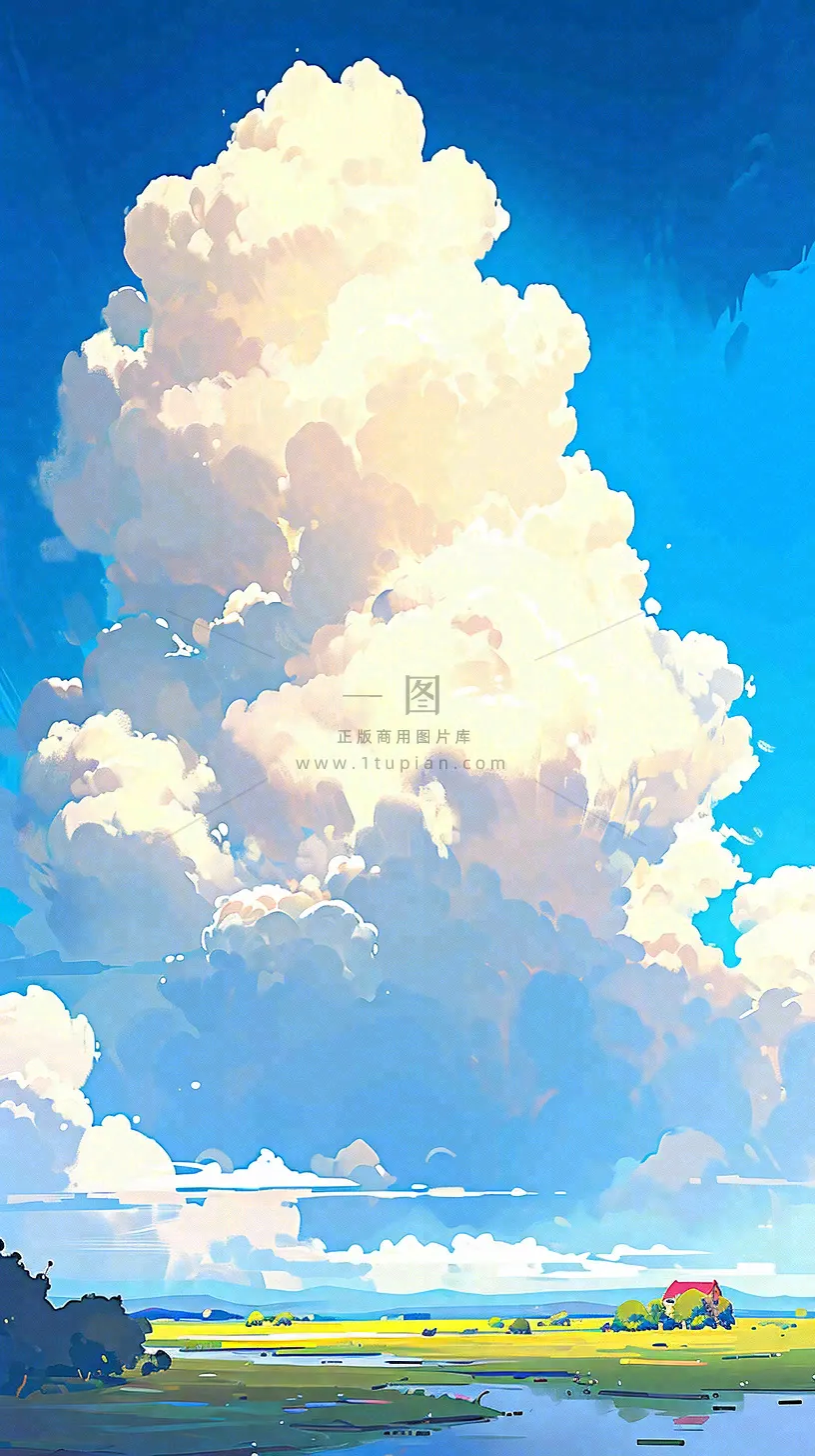 春天乡村河流倒影草地蓝天白云小屋手绘插画