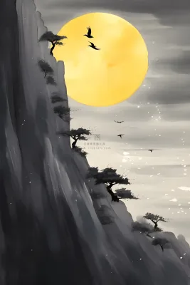 月亮月光山脉水墨简约背景 月亮月光山脉水墨简约背景