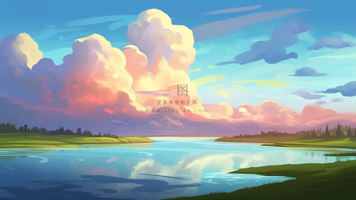 春夏落日余晖草原湖泊卡通插画背景