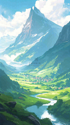 阳光春天细长流水山脉村庄小屋草坪，春分，旅行露营