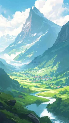 阳光春天细长流水山脉村庄小屋草坪，春分，旅行露营