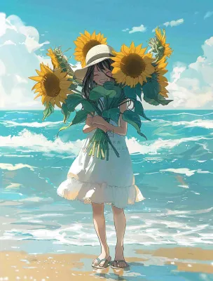 夏日海边女孩抱着一大束向日葵花束旅游游玩立夏夏至卡通插画背景 夏日海边女孩抱着一大束向日葵花束旅游游玩立夏夏至卡通插画背景
