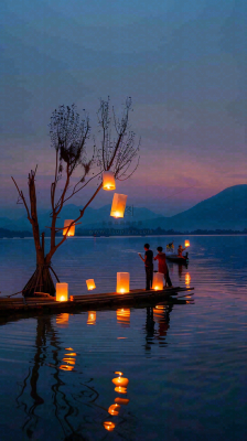 夜晚点灯孔明灯祈福中元节寒衣节插画背景 夜晚点灯孔明灯祈福中元节寒衣节插画背景