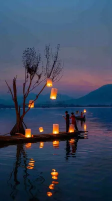 夜晚点灯孔明灯祈福中元节寒衣节插画背景 夜晚点灯孔明灯祈福中元节寒衣节插画背景