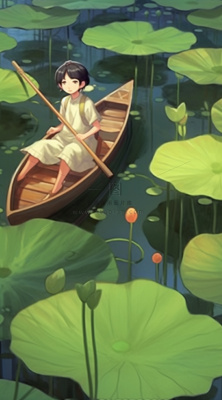 荷花荷叶池里划船的少年绿色插画背景